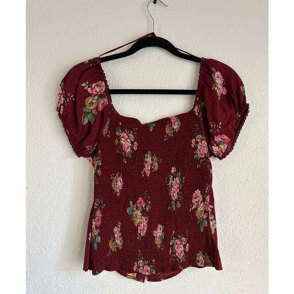 E Hanger M Peasant Red Smocked Back Sweetheart Neckline Blouse Size Large - Picture 6 of 11